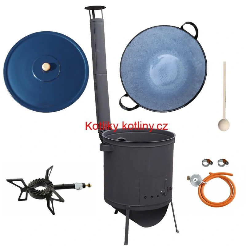 Smaltovaný kotel 60 L na zabijačku + žáruvzdorná kotlina 53 PLUS 600 4 MM + hořák 7,5 kW + vařečka