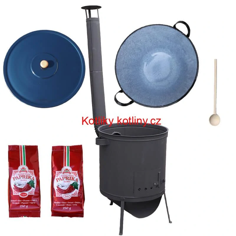 Smaltovaný kotel 60 L na zabijačku + žáruvzdorná kotlina 53 PLUS 600 4 MM + sladká a pálivá paprika (2 x 250 g) + vařečka