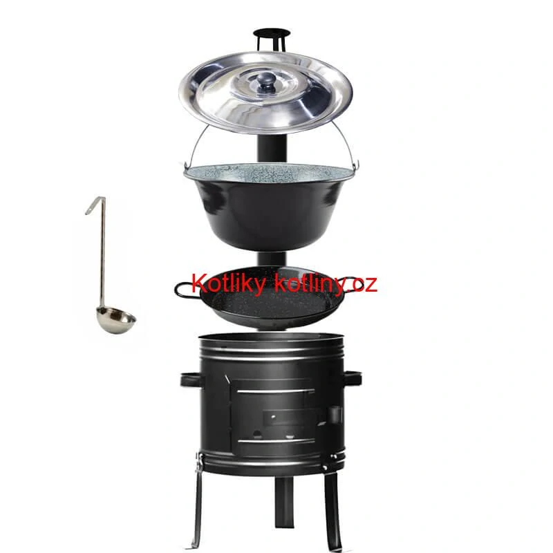 Smaltovaný kotlík 22 L + kovová kotlina + smaltovaná pánev 46 cm Paella