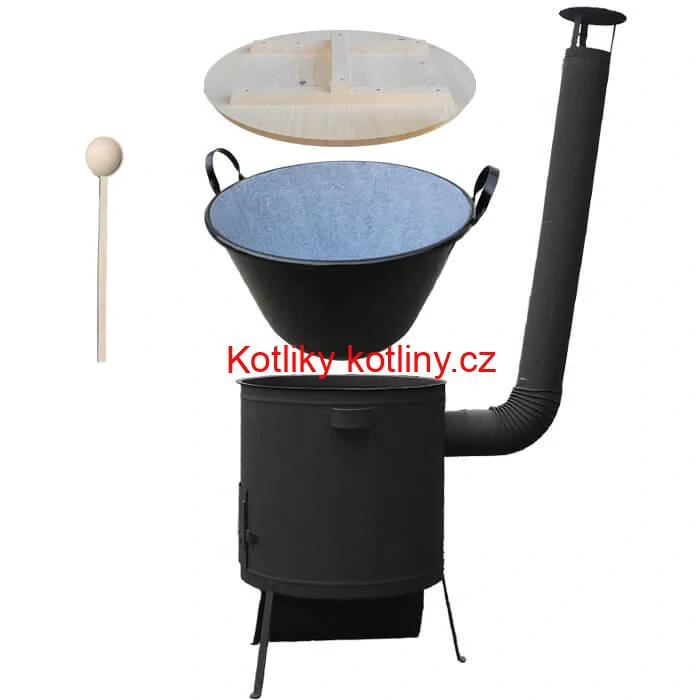 Zabijačkový smaltovaný kotel 100 L, žáruvzdorná kotlina 42 PLUS 600 4 MM, dřevěná poklice + vařečka