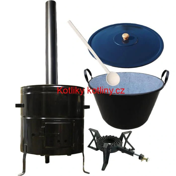 Zabijačkový smaltovaný kotel 70 L + kovová kotlina 56 cm + hořák 7 kW + kouřovod