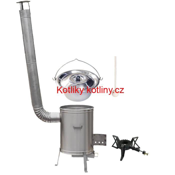 Nerezový kotlík 15 L (1,2 mm) + nerezová kotlina 36 cm + litinový hořák 7 kW, vařečka LUX