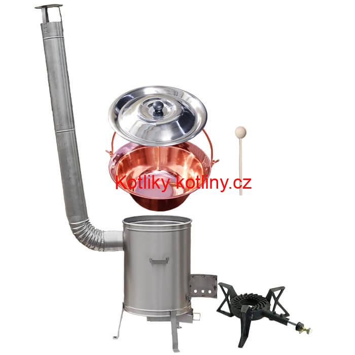 Měděný kotlík 14 L (1,2 mm) + nerezová kotlina 36 cm + litinový hořák 7 kW, vařečka LUX