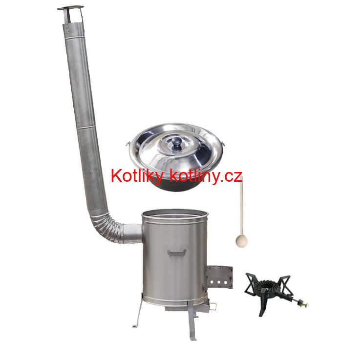 Nerezový kotlík 15 L (1,5 mm) + nerezová kotlina 36 cm + litinový hořák 7 kW, vařečka LUX