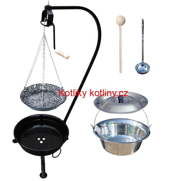 Nerezový kotlík 14 L (0,8 mm) INOX + smaltovaná pánev + ohniště se stojanem as pojistnou kladkou VAR