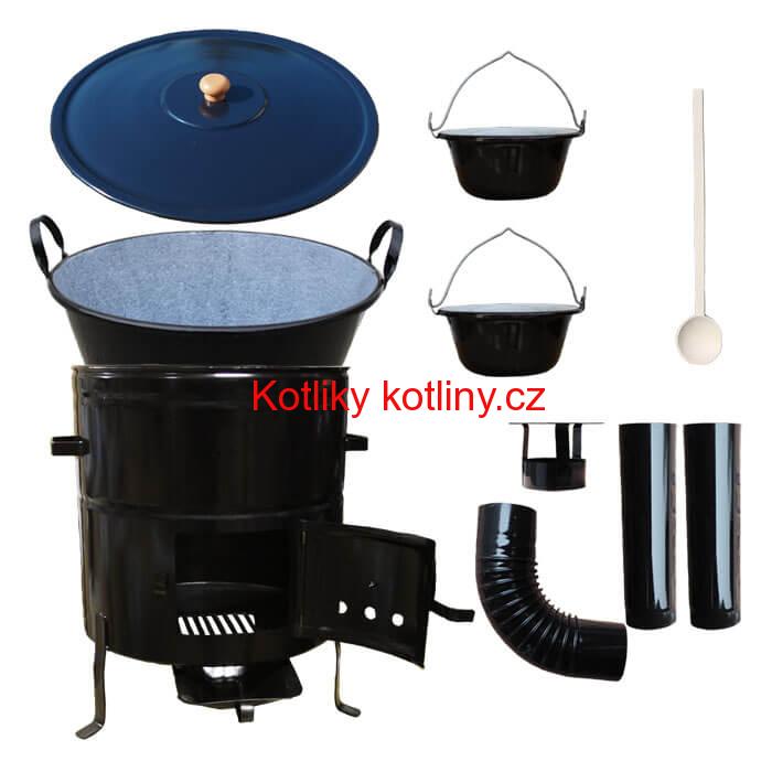 Zabijačkový smaltovaný kotel 80 L + kovová kotlina 58 cm + 2 servírovací kotlíky a kouřovod