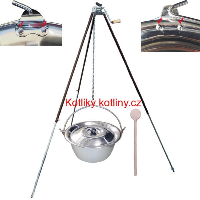 Nerezový kotlík 15 L (0,8 mm) s nýty + teleskopická trojnožka s pojistnou kladkou + poklice