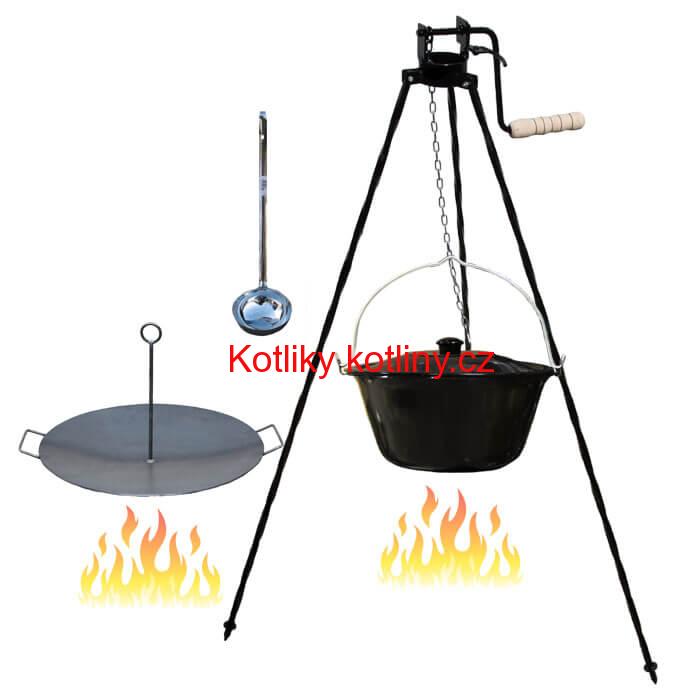 Smaltovaný kotlík 20 L (1,2 mm) + pánev na grilování a stojan s kladkou VAR