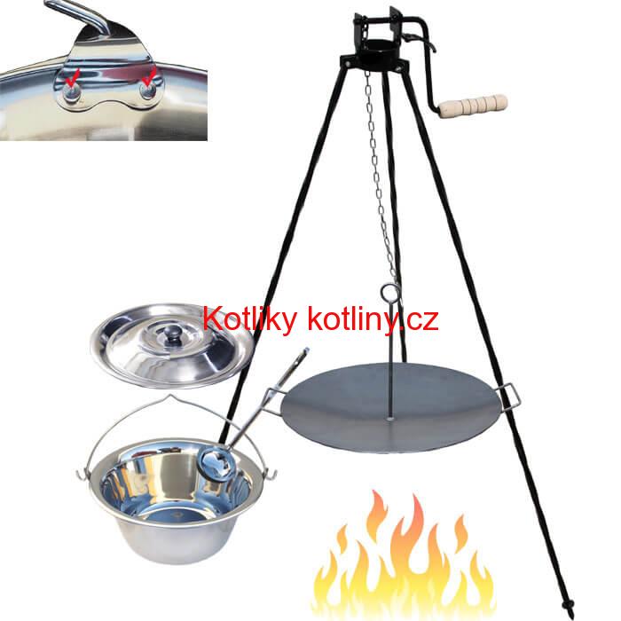 Nerezový kotlík 20 L (0,8 mm) s nýty + pánev na grilování a stojan s kladkou VAR