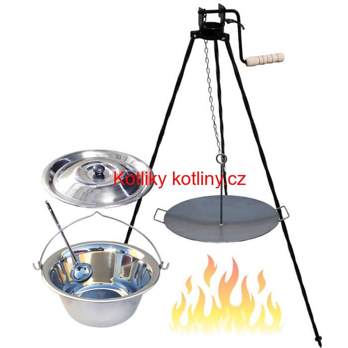 Nerezový kotlík 22 L (0,8 mm) + pánev na grilování a stojan s kladkou VAR