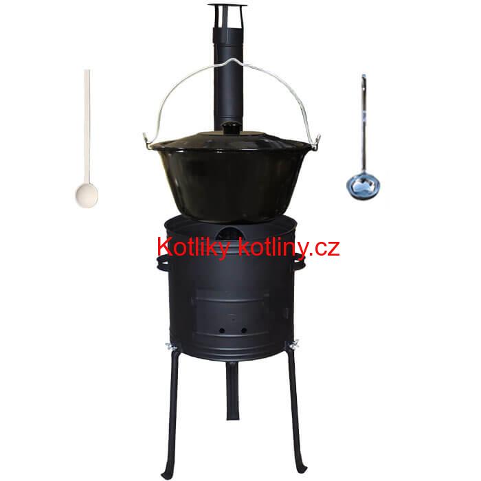Smaltovaný kotlík 20 L (1,2 mm) + kovová kotlina s vysokými nožičkami 42 cm + vařečka a naběračka