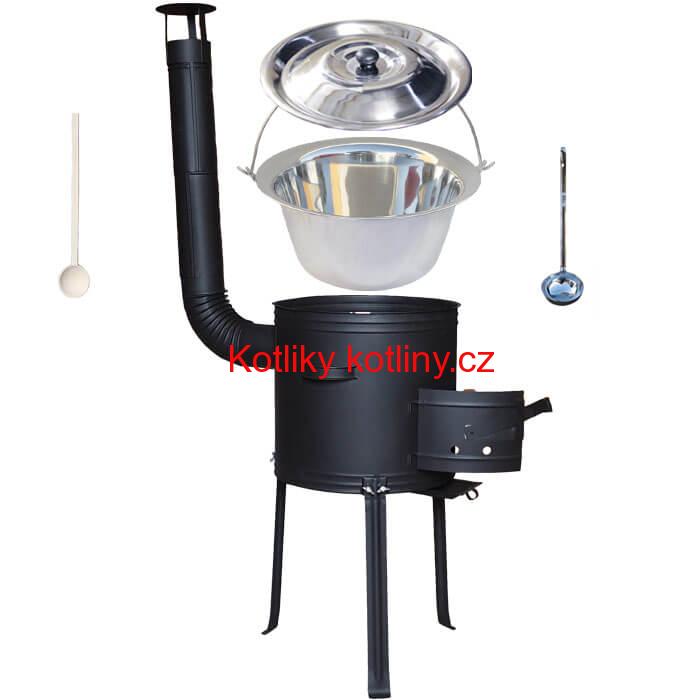 Nerezový kotlík 22 L (0,8 mm) + kovová kotlina s vysokými nožičkami 42 cm, žáruvzdorná barva Plus 700 + vařečka a naběračka