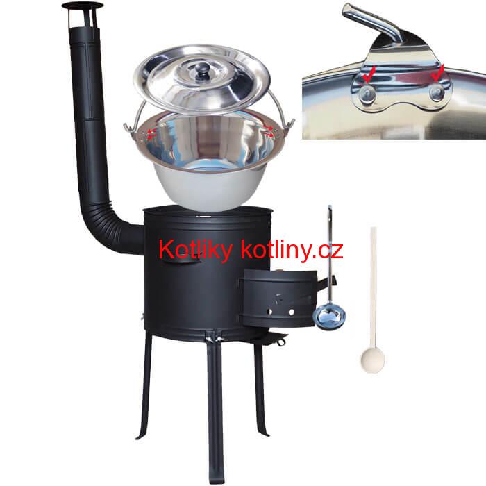 Nerezový kotlík 20 L (0,8 mm) zesílený s nýty + kovová kotlina s vysokými nožičkami 42 cm, žáruvzdorná barva Plus 700 + vařečka a naběračka