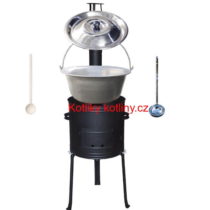 Nerezový kotlík 20 L (1,5 mm) + kovová kotlina s vysokými nožičkami 42 cm , žáruvzdorná barva Plus 700 + vařečka a naběračka