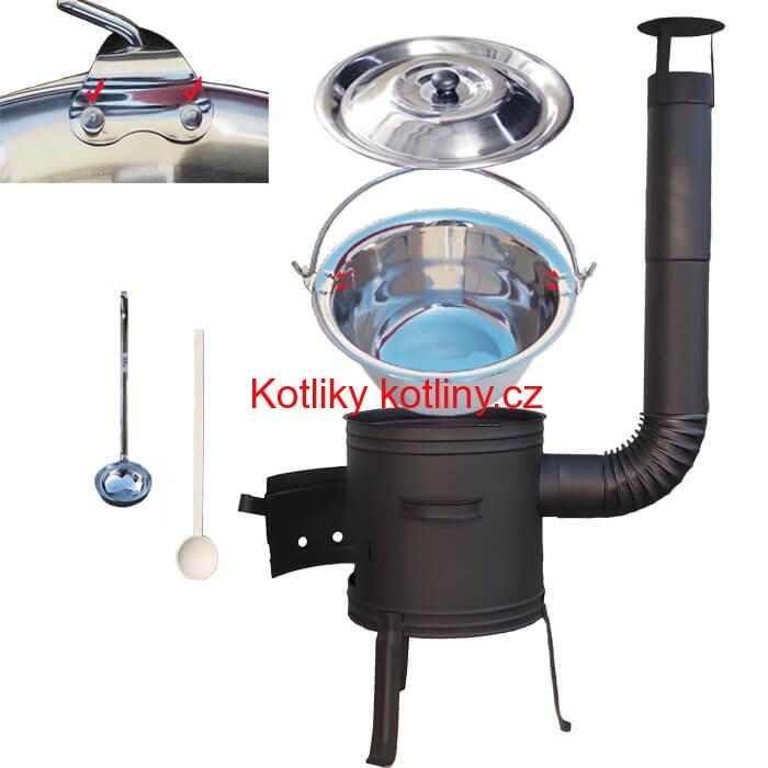 Nerezový kotlík 10 L (0,8 mm) s nýty + nízká žáruvzdorná kotlina 33 cm PLUS 700 + vařečka a naběračka