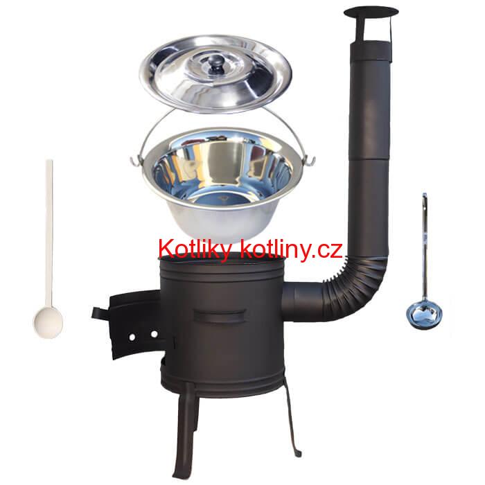 Nerezový kotlík 10 L (1,2 mm) + nízká žáruvzdorná kotlina 33 cm PLUS 700 + vařečka a naběračka