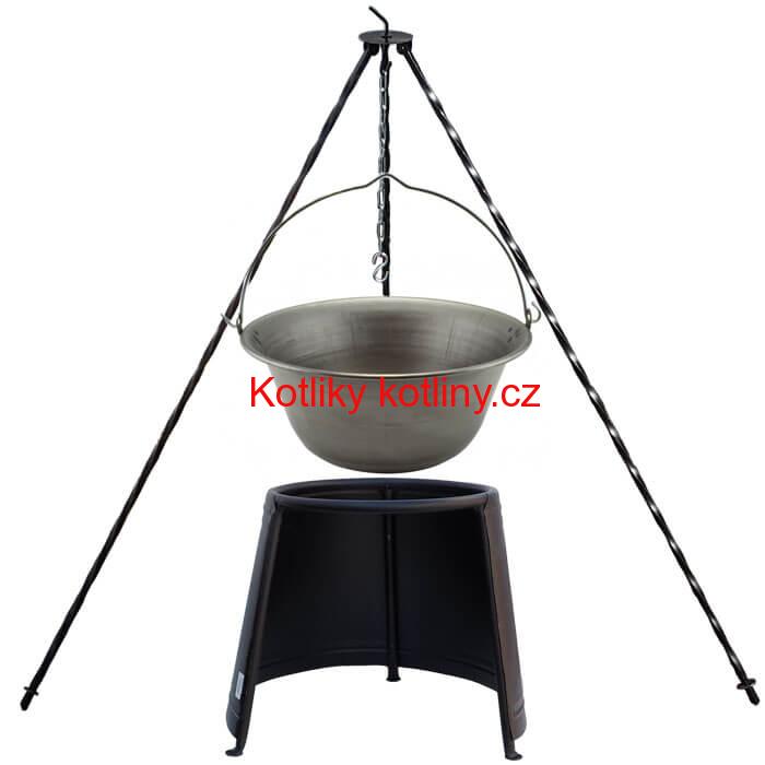 Železný kotlík 14 L (0,75 mm) + chránič plamene 37 cm + trojnožka 1,2 m
