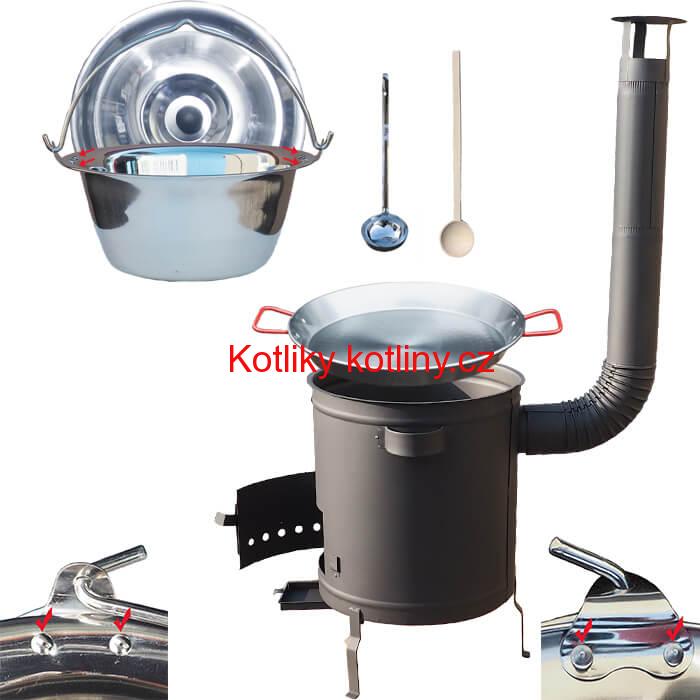 Nerezový kotlík 15 L (0,8 mm) zesílený s nýty + Paella pánev 38 cm + silnostěnná (1,5 mm) žáruvzdorná kotlina 36 PLUS 600