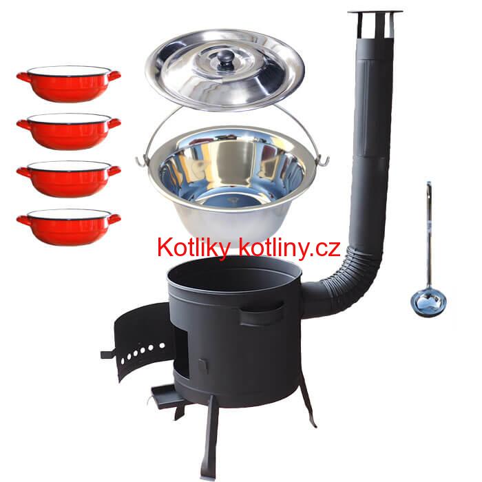 Nerezový kotlík 22 L (0,8 mm) INOX + selské misky 4 ks + nízká žáruvzdorná kotlina 42 cm PLUS 600
