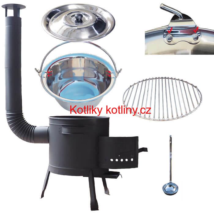 Nerezový kotlík 20 L (0,8 mm) s nýty INOX + Nerezový rošt 45 cm + nízká žáruvzdorná kotlina 42 cm PLUS 600