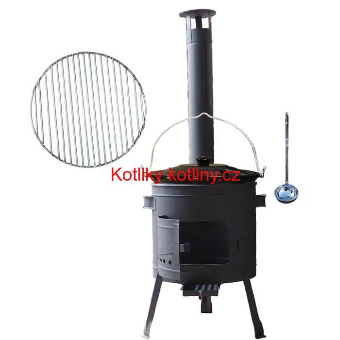 Smaltovaný kotlík 25 L + Nerezový rošt 45 cm + nízká žáruvzdorná kotlina 42 cm PLUS 600