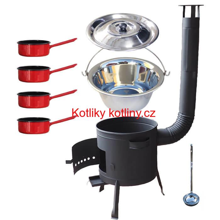 Nerezový kotlík 22 L (0,8 mm) INOX + smaltované rendlíky 4 ks + nízká žáruvzdorná kotlina 42 cm PLUS 600