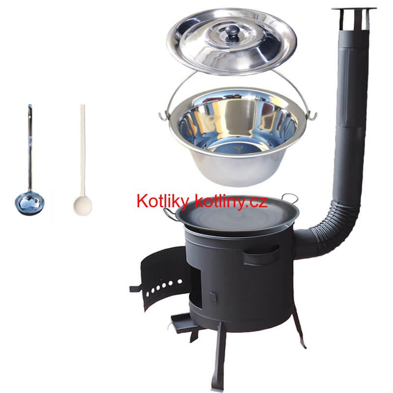 Nerezový kotlík 20 L (1,2 mm) + železná pánev 46 cm WOK + nízká žáruvzdorná kotlina 42 cm PLUS 600