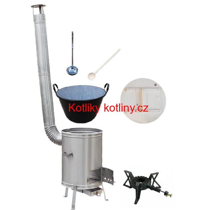 Zabijačkový smaltovaný kotel 100 L + nerezová kotlina 60 cm + hořák 7 kW + vařečka a naběračka