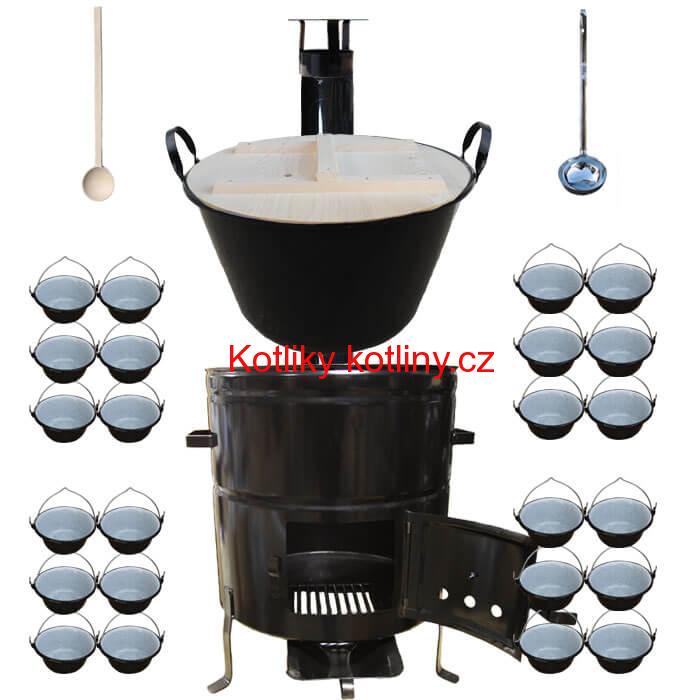 Smaltovaný kotel 100 L + servírovací kotlíky (24 ks) + vařečka a naběračka BIG PARTY