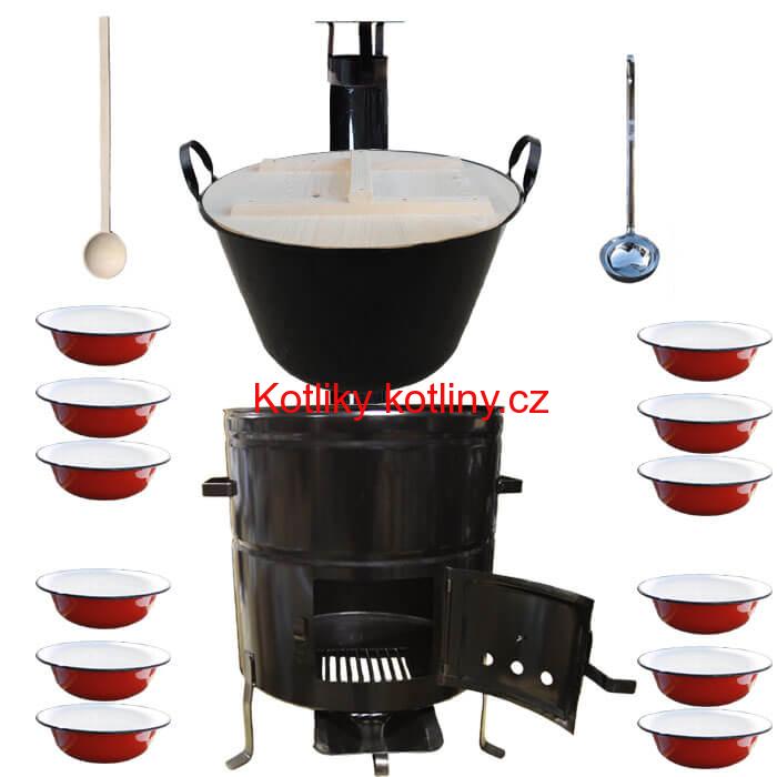 Smaltovaný kotel 100 L + smaltované talíře 12 ks vařečka a naběračka BIG PARTY