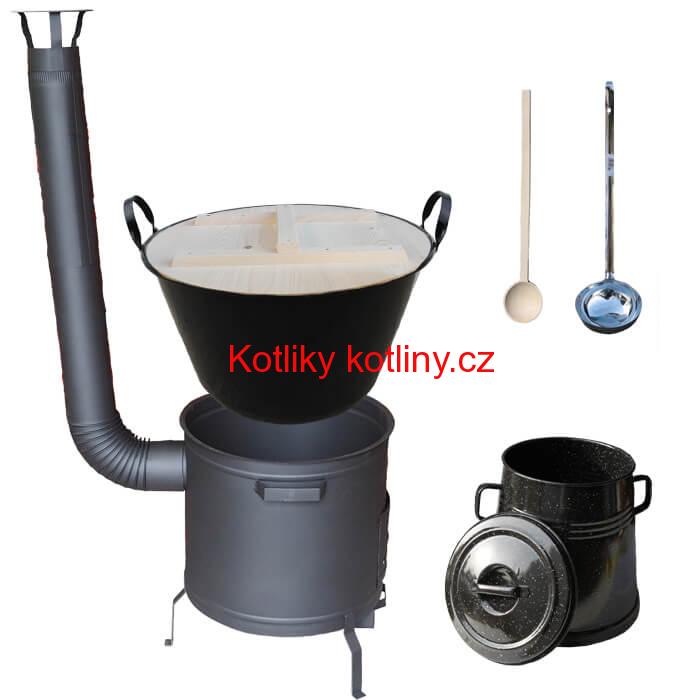 Smaltovaný kotel 100 L + žáruvzdorná kotlina 60 cm PLUS 600 + Nádoba na sádlo 10 L