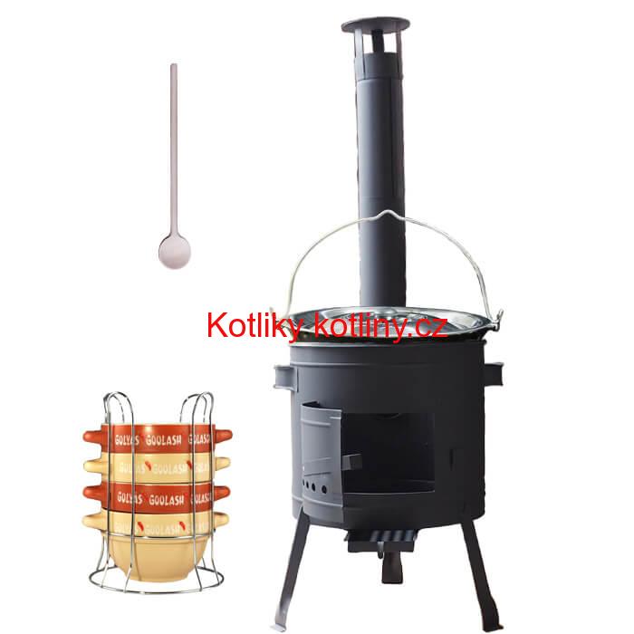 Smaltovaný kotlík 22 L (1,2 mm) + misky na guláš 4 ks + nízká žáruvzdorná kotlina 42 PLUS 600