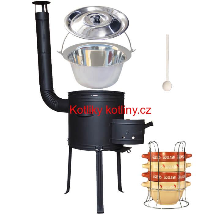 Nerezový kotlík 22 L (0,8 mm) INOX + misky na guláš 4 ks + nízká žáruvzdorná kotlina 42 PLUS 700