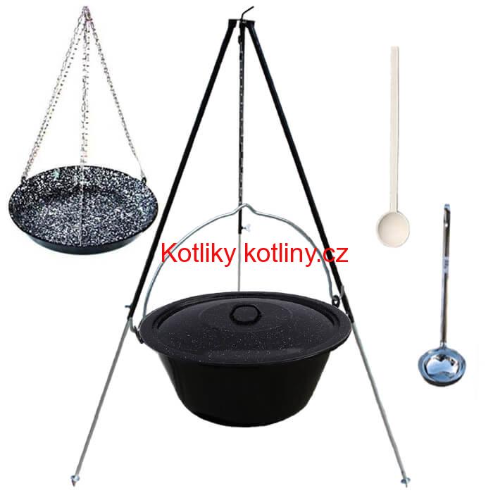 Smaltovaný kotlík 30 L + pánev na grilování + teleskopická trojnožka
