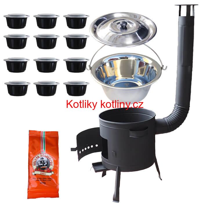 Nerezový kotlík 22 L (0,8 mm) + pepř na guláš 100 g + misky 12 ks + nízká žáruvzdorná kotlina (0,8 mm) 42 PLUS 600