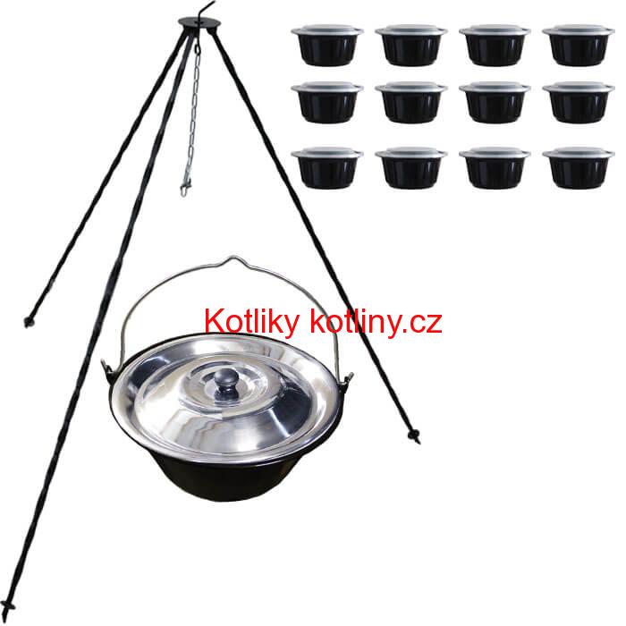 Smaltovaný kotlík 10 L (1,2 mm) + nerezová poklice + trojnožka 1,20 m + misky 12 ks