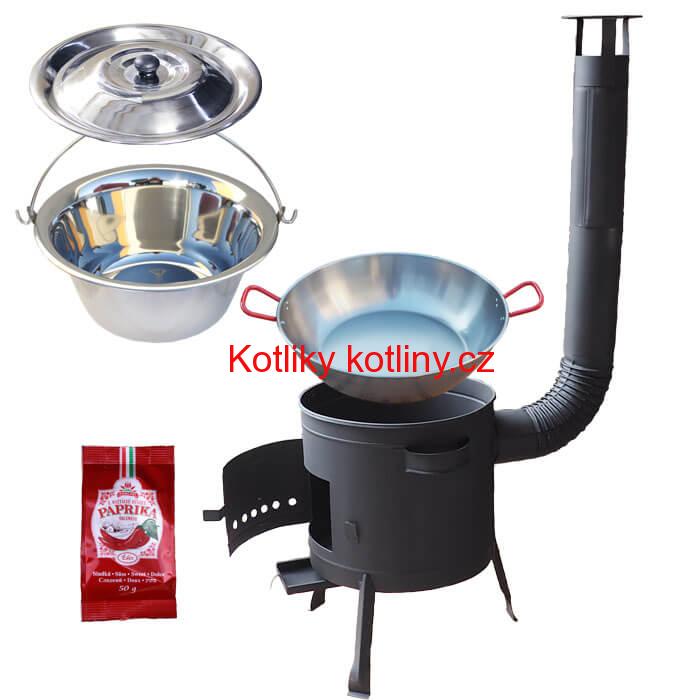 Nerezový kotlík 22 L (0,8 mm) INOX + Pánev PAELLA (WOK) 45 cm + sladká paprika 50 g + nízká kotlina 42 PLUS 600