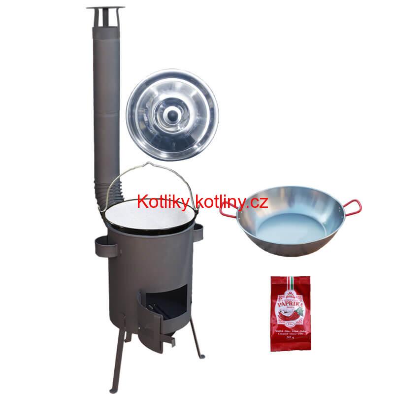 Smaltovaný kotlík 22 L + Pánev PAELLA (WOK) 45 cm + sladká paprika 50 g + žáruvzdorná kotlina 42 PLUS 600 s roštem na popel 4 mm