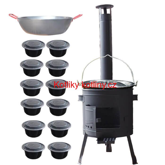 Smaltovaný kotlík 22 L + Pánev PAELLA (WOK) 45 cm + misky 12 ks + nízká kotlina 42 PLUS 600