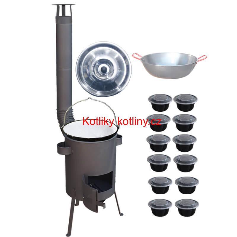 Smaltovaný kotlík 22 L + Pánev PAELLA (WOK) 45 cm + misky 12 ks + žáruvzdorná kotlina 42 PLUS 600 s roštem na popel 4 mm