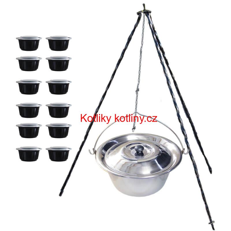 Nerezový kotlík 8 L (0,8 mm) INOX + poklice + trojnožka 1,20 m + misky 12 ks