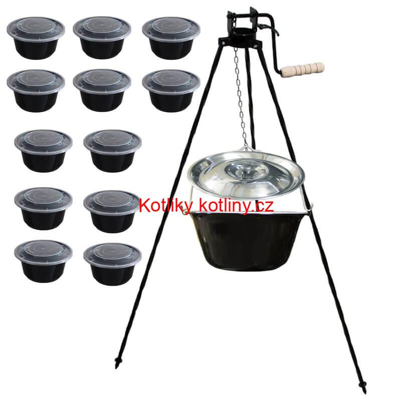Smaltovaný kotlík 16 L + stojan s kladkou VAR + misky 12 ks