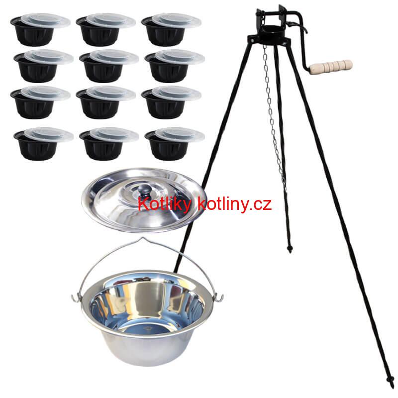 Nerezový kotlík 14 L (0,8 mm) INOX + stojan s kladkou VAR + misky 12 ks