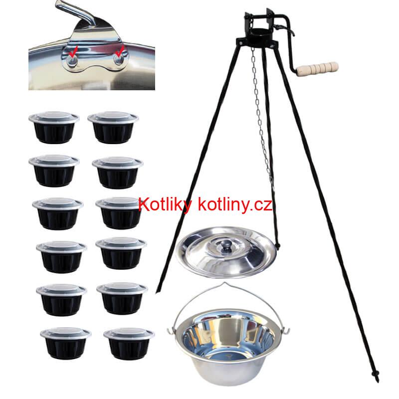 Nerezový kotlík 15 L (0,8 mm) s nýty + stojan s kladkou VAR + misky 12 ks