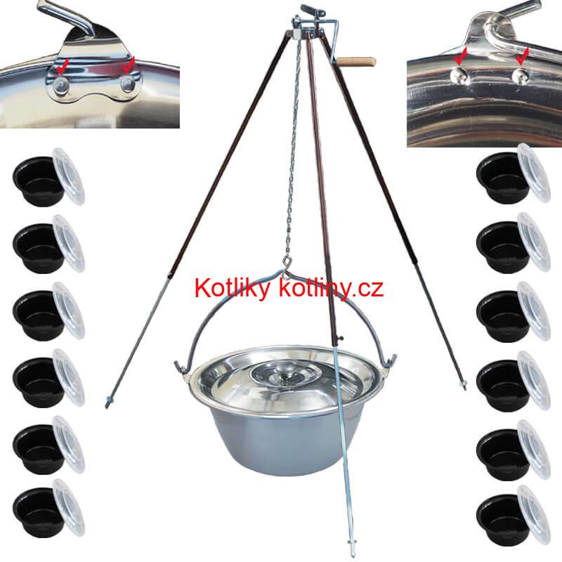 Nerezový kotlík 30 L (0,8 mm) s nýty + teleskopická trojnožka s pojistnou kladkou + misky 12 ks
