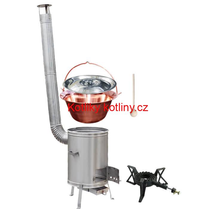 Měděný kotlík 30 L (1,2 mm) + nerezová kotlina 42 cm + litinový hořák 7 kW, vařečka LUX