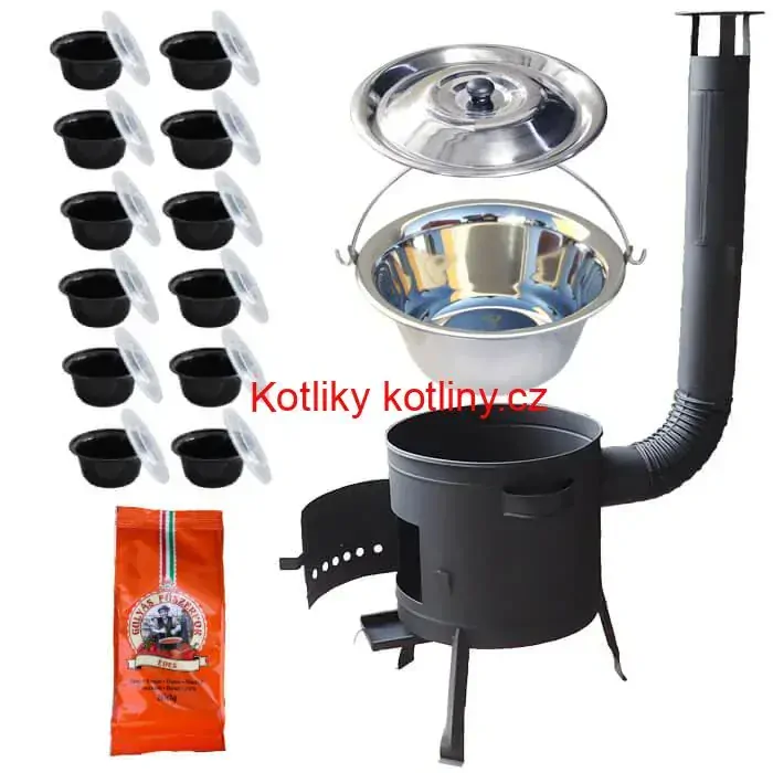 Nerezový kotlík 22 L (0,8 mm) INOX + silnostěnná (1,5 mm) žáruvzdorná kotlina BALKY STRONG 42 PLUS 600 + misky 12 ks + paprikové koření na guláš 100 g