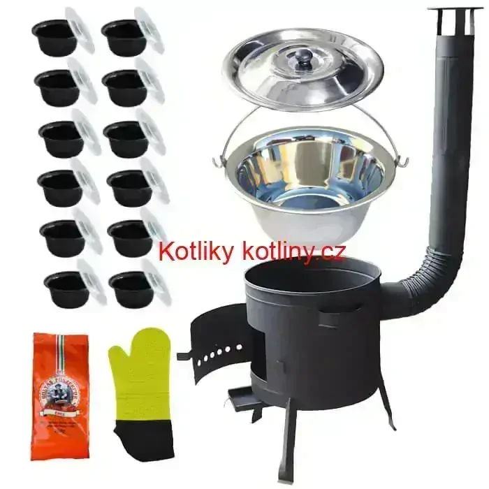 Nerezový kotlík 22 L (0,8 mm) + misky 12 ks + nízká žáruvzdorná kotlina (0,8 mm) 42 PLUS 600