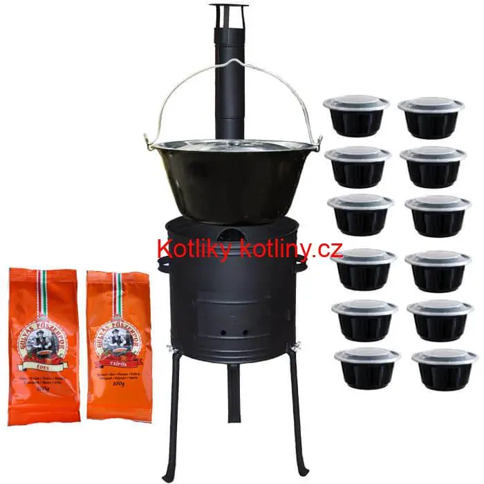 Smaltovaný kotlík 22 L (1,2 mm) + žáruvzdorná kotlina 42 cm Plus 700 + misky 12 ks + 2 x pepř na guláš 100 g