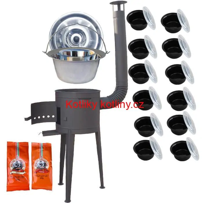 Nerezový kotlík 22 L (0,8 mm) INOX + vysoká žáruvzdorná kotlina (2,0 mm) HODO 42 cm PLUS 600 + misky 12 ks + 2 x pepř na guláš 100 g